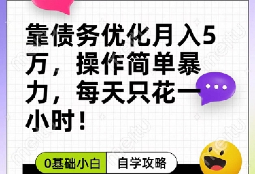 靠债务优化,月入5万,操作简单,多种变现方式,小白必入